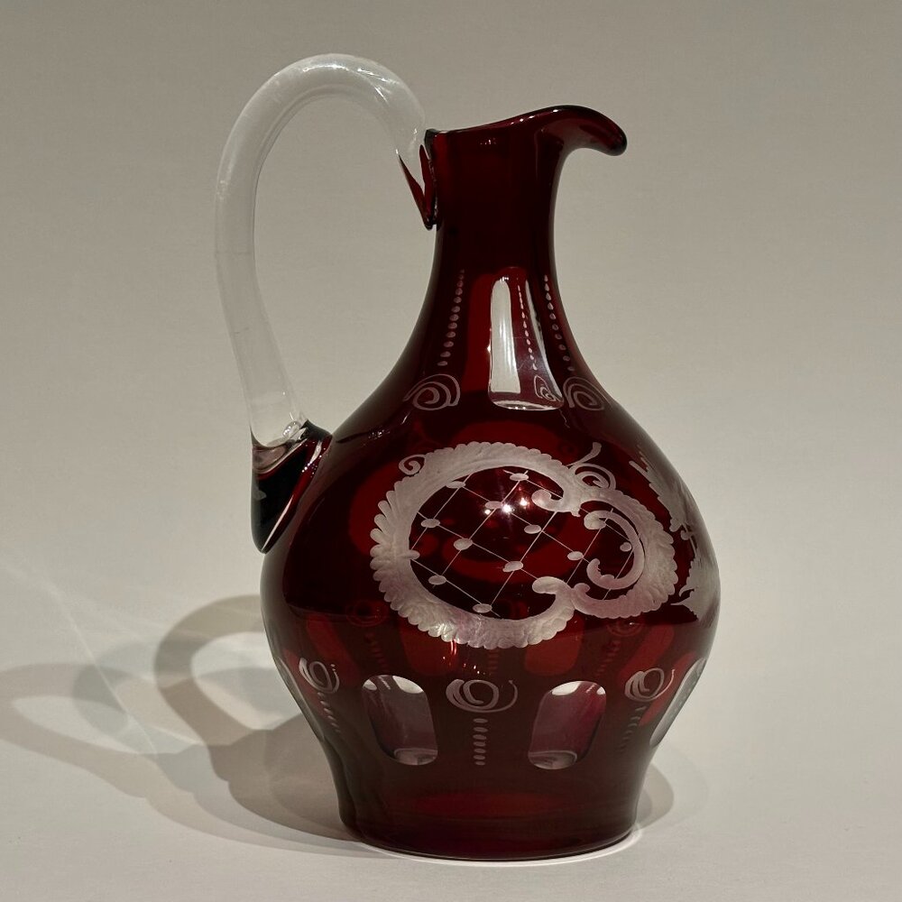 Egermann Bohemian Ruby Red Cut To Clear Etched Glass Cruet Czech Republic 8”